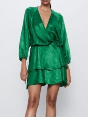 Zara Green Satin V-Neck Tiered Dress